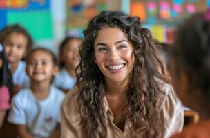 ai gegenereerd Dames in een school- klas glimlachen Bij kinderen en pratend naar hen foto