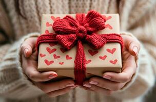 ai gegenereerd Dames handen Holding een geschenk doos met harten logo met rood boog foto