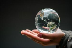ai gegenereerd kristal glas wereldbol aarde bal Aan menselijk hand, foto