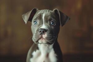 ai gegenereerd nationaal puppy dag met schattig rasecht blauw neus- Amerikaans pesten puppy foto