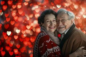 ai gegenereerd ouderen glimlachen paar portret teder omringd door romantisch atmosfeer van drijvend harten. foto