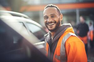 ai gegenereerd een gelukkig auto schoonmaakster Mens kant gezicht, wazig achtergrond, detailopname foto