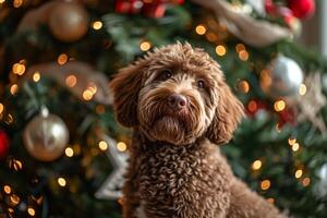 ai gegenereerd dichtbij omhoog portret van een jong bruin labradoodle hond is trots zittend in voorkant een versierd Kerstmis boom foto