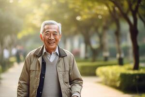 ai gegenereerd een gelukkig senior inwoner wie is wandelen en wazig achtergrond foto