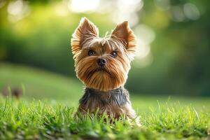 ai gegenereerd yorkshire terriër hond mooi voorjaar portret puppy wandelen in groen park foto