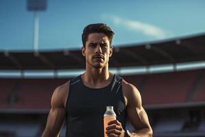 ai gegenereerd een gelukkig glimlachen Mens wie is wandelen, hij is Holding een water fles foto