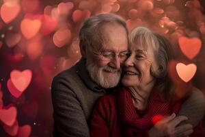 ai gegenereerd ouderen glimlachen paar portret teder omringd door romantisch atmosfeer van drijvend harten. foto