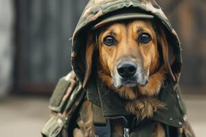 ai gegenereerd schattig hond vervelend leger uniform foto