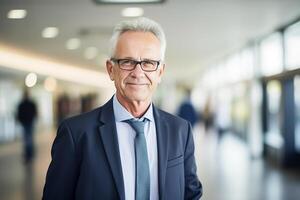 ai gegenereerd portret fotografie van gelukkig senior inwoner kantoor manager foto