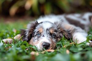 ai gegenereerd gelukkig mini Australisch herder puppy aan het liegen naar beneden buitenshuis foto