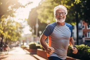 ai gegenereerd portret fotografie van gelukkig senior inwoner wie is jogging voor finesse foto