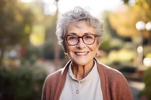 ai gegenereerd gelukkig senior inwoner vrouw, licht wazig tuin visie in achtergrond foto