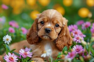 ai gegenereerd Amerikaans cocker spaniel puppy heel schattig ogen met bloemen foto