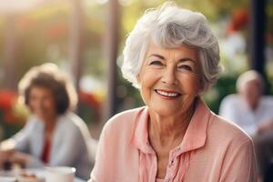 ai gegenereerd gelukkig senior inwoner vrouw, licht wazig tuin visie in achtergrond foto