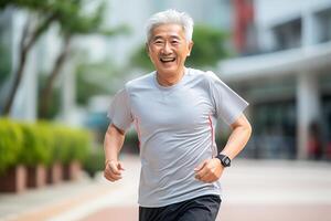 ai gegenereerd portret fotografie van gelukkig senior inwoner wie is jogging voor finesse foto