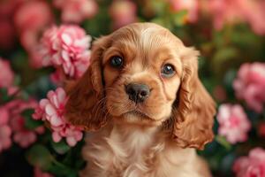 ai gegenereerd Amerikaans cocker spaniel puppy heel schattig ogen met bloemen foto