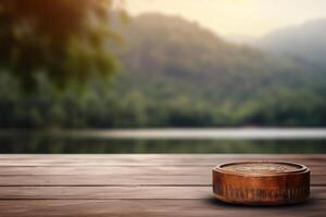 ai gegenereerd leeg houten tafel voor Product Scherm foto