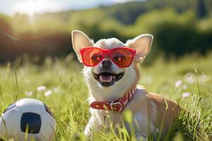 ai gegenereerd voetbal chihuahua hond spelen met bal en lachend uit luid met rood zonnebril buitenshuis foto