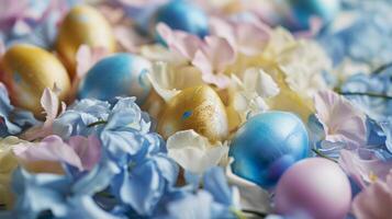 ai gegenereerd gekleurde Pasen eieren Aan een achtergrond van bloem bloemblaadjes, voorjaar samenstelling. zacht geel- goud blauw en wit kleuren, roze en blauw bloemblaadjes foto