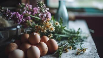 ai gegenereerd een bundel van eieren zittend Aan top van een tafel De volgende naar bloemen foto