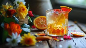 ai gegenereerd een glas gevulde met een drinken De volgende naar gesneden fruit en bloemen foto