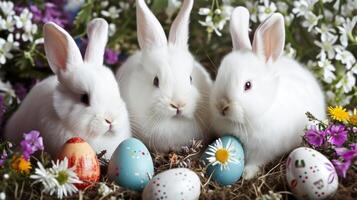 ai gegenereerd drie schattig pluizig wit konijntjes zittend tussen Pasen eieren en voorjaar bloemen groet kaart foto