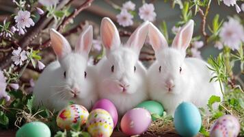 ai gegenereerd drie schattig pluizig wit konijntjes zittend tussen Pasen eieren en voorjaar bloemen groet kaart foto