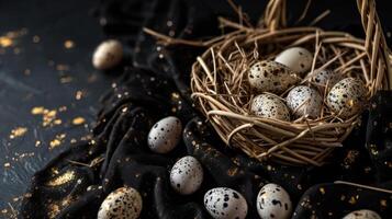 ai gegenereerd een mand gevulde met klein gespikkeld eieren Aan top van een zwart tafelkleed gedekt tafelkleed met goud vlekjes Aan het en een zwart achtergrond foto