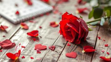 ai gegenereerd valentijnsdag dag - kalender datum met roos en harten decoratie foto