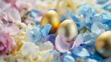ai gegenereerd gekleurde Pasen eieren Aan een achtergrond van bloem bloemblaadjes, voorjaar samenstelling. zacht geel- goud blauw en wit kleuren, roze en blauw bloemblaadjes foto