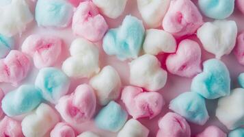 ai gegenereerd kleurrijk hart vorm katoen snoep, pastel kleur achtergrond. dichtbij omhoog van schattig katoen snoep vertegenwoordigen liefde en romantiek. lief Valentijn zoet achtergrond. top visie, van bovenstaande, vlak leggen foto