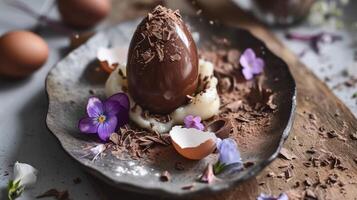 ai gegenereerd een chocola ei met bloemen en eierschalen Aan een bord foto