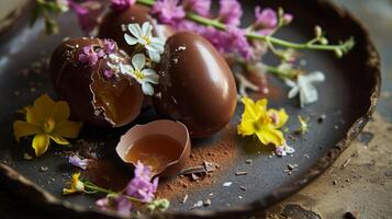 ai gegenereerd een chocola ei met bloemen en eierschalen Aan een bord foto