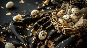 ai gegenereerd een mand gevulde met klein gespikkeld eieren Aan top van een zwart tafelkleed gedekt tafelkleed met goud vlekjes Aan het en een zwart achtergrond foto