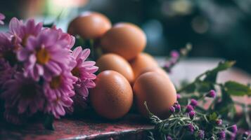 ai gegenereerd een bundel van eieren zittend Aan top van een tafel De volgende naar bloemen foto