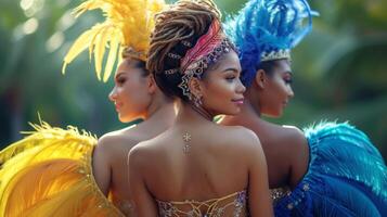 ai gegenereerd groep van drie mooi vrouw in traditioneel kostuum Bij carnaval in Brazilië. foto