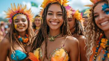 ai gegenereerd groep van jong sexy Dames met dreadlocks dansen Bij de festival van braziliaans cultuur foto