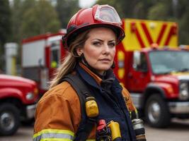 ai gegenereerd portret van een vrouw brandweerman het uitvoeren van haar plichten in een brand Oppervlakte. foto