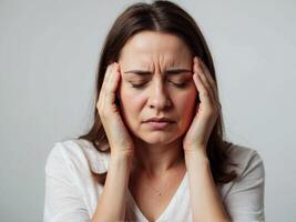 ai gegenereerd vrouw met migraine hoofdpijn Holding haar hoofd in pijn foto