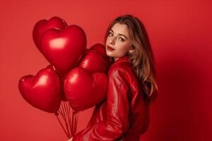 ai gegenereerd Valentijnsdag dag concept, stralend vreugde - vrouw met rood hart ballonnen vieren Valentijnsdag dag foto