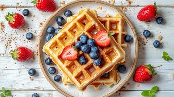 ai gegenereerd top visie van weens wafels met bosbessen en wild aardbeien Aan een bord. ai gegenereerd. foto