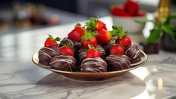 ai gegenereerd met chocolade bedekt aardbeien Aan een mooi schotel. ai gegenereerd. foto