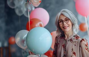 ai gegenereerd blij senior vrouw in elegant kleding met ballonnen Bij nerds partij foto