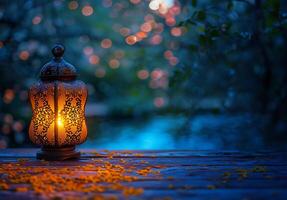 ai gegenereerd Ramadan reflecties, lantaarn Aan houten tafel met mooi backdrop foto
