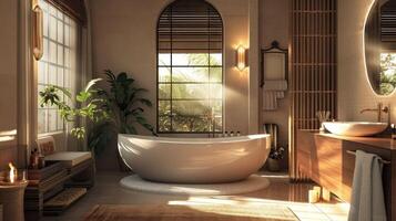 ai gegenereerd luxueus badkamer oase - zich overgeven aan in kalmte en zelfzorg foto