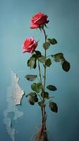 ai gegenereerd rood roos tegen een blauw muur foto