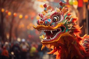 ai gegenereerd een traditioneel Chinese draak dansen de draak dans Bij de Chinese nieuw jaar festival foto