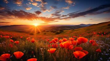 ai gegenereerd landschap foto veld- van rood klaprozen Bij zonsondergang