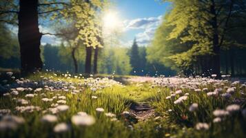 ai gegenereerd mooi wazig voorjaar achtergrond van een Woud met een bloeiend weide, bomen en blauw lucht Aan een zonnig dag foto