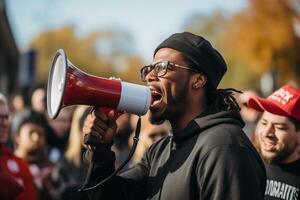 ai gegenereerd zwart Mens spreekt in een megafoon Bij een rally foto